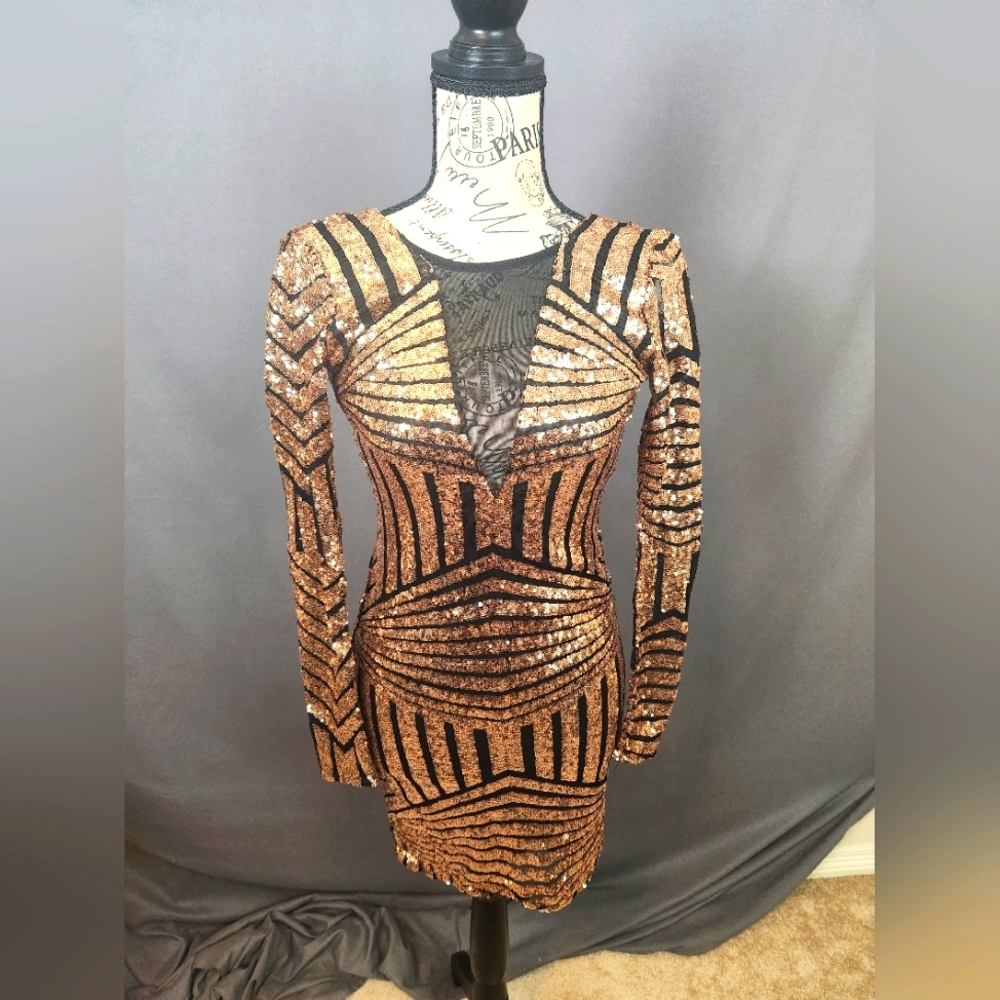 Agaci Small Black and Gold Sequin Dress.